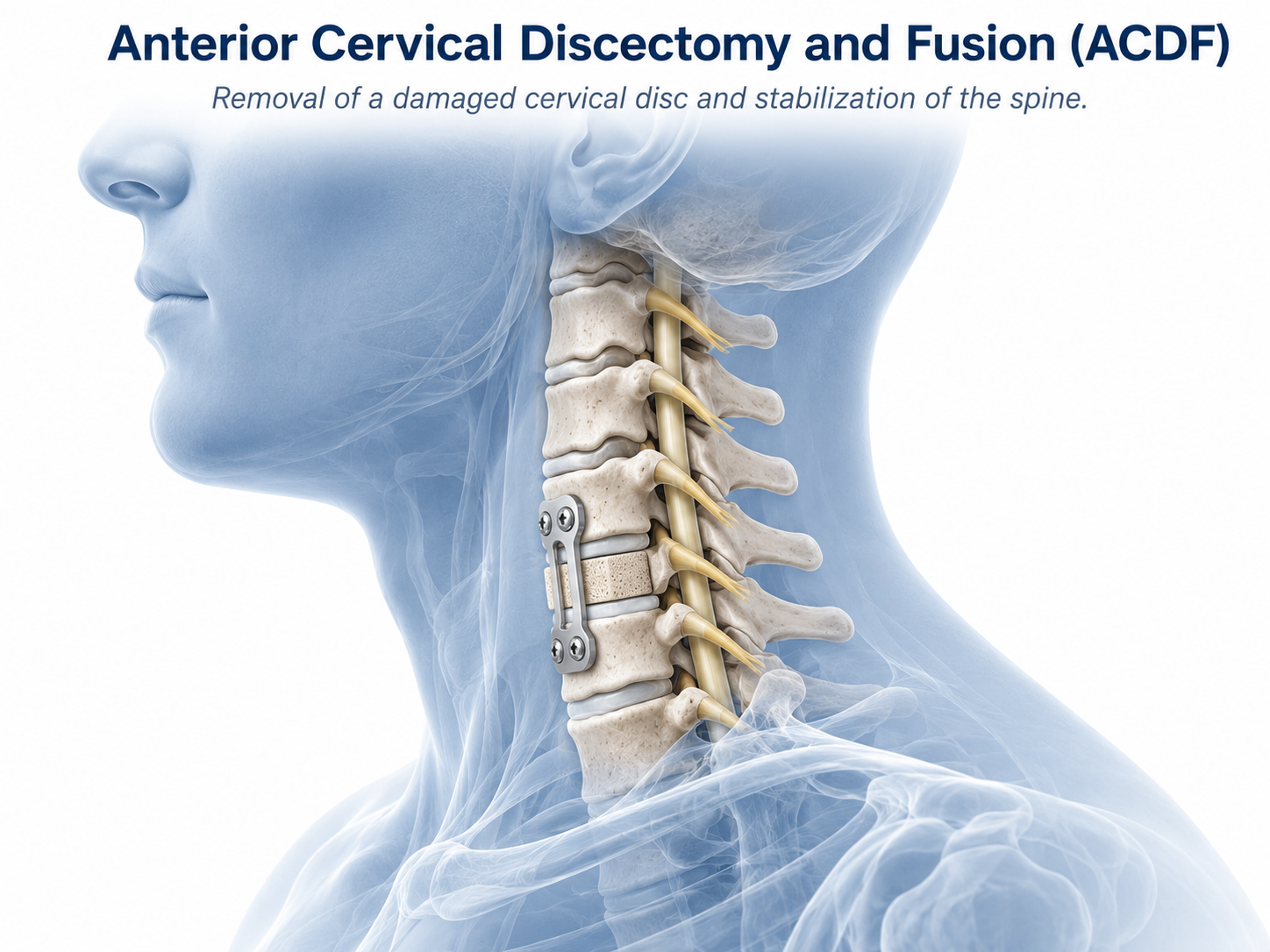 Medical illustration showing ACDF surgery with a cervical disc removed, spacer placed between vertebrae, and anterior plate with screws stabilizing the neck.