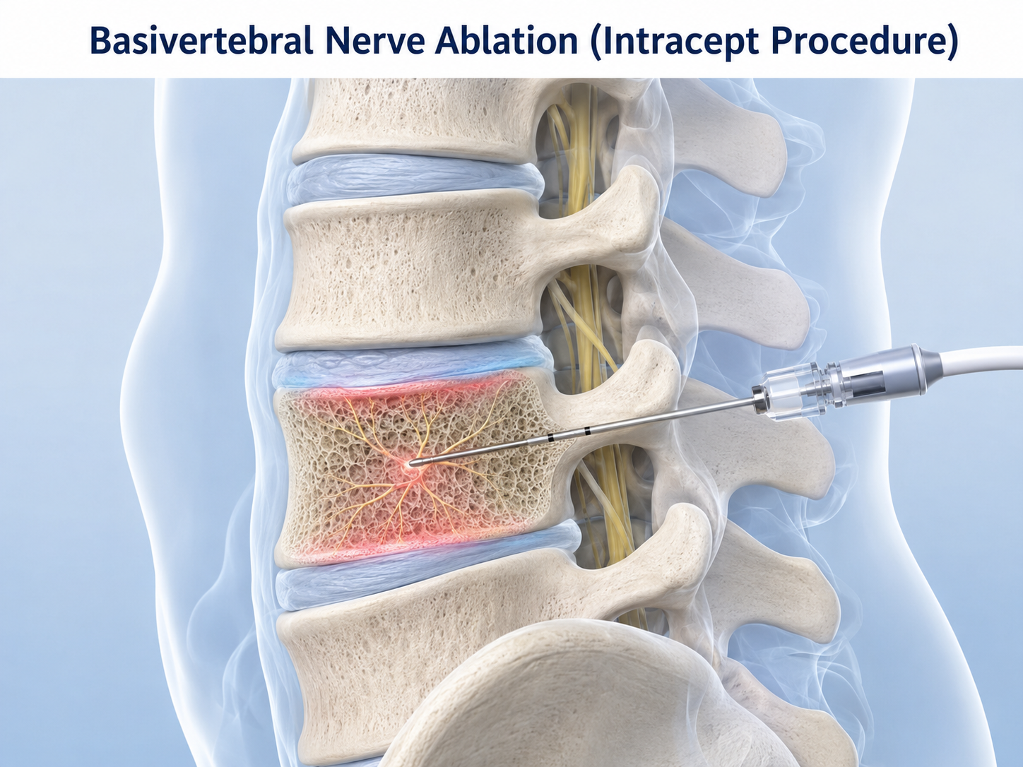 Medical illustration showing basivertebral nerve ablation with a radiofrequency probe targeting the basivertebral nerve inside a lumbar vertebral body.