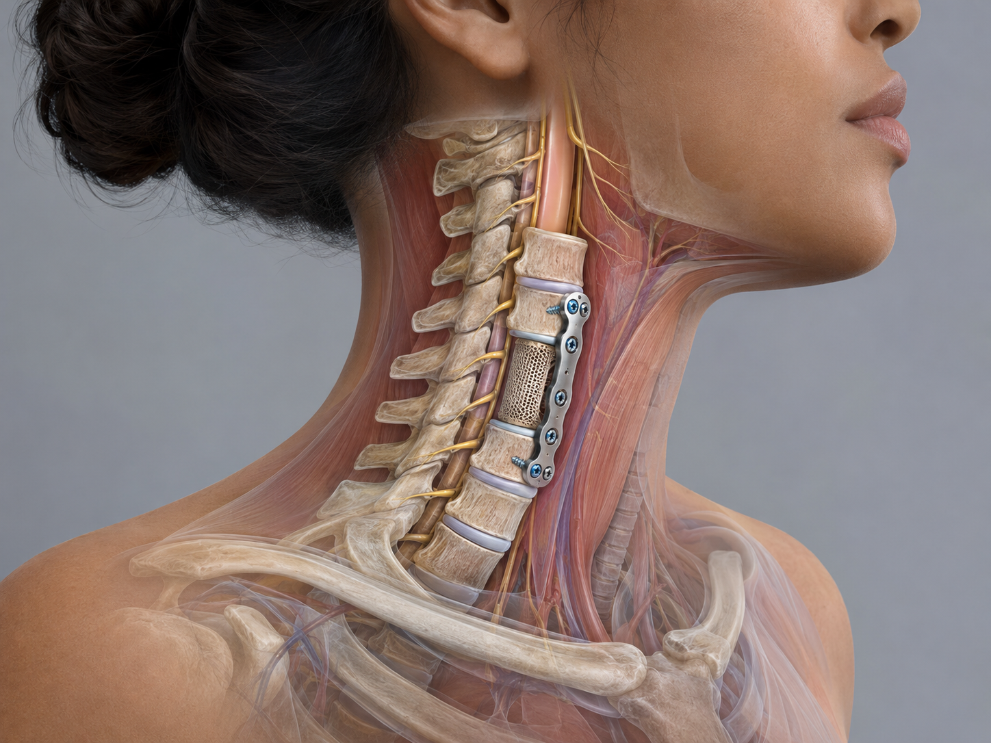 Medical illustration showing cervical corpectomy with a removed vertebral body, structural cage reconstruction, and anterior plate fixation stabilizing the neck.