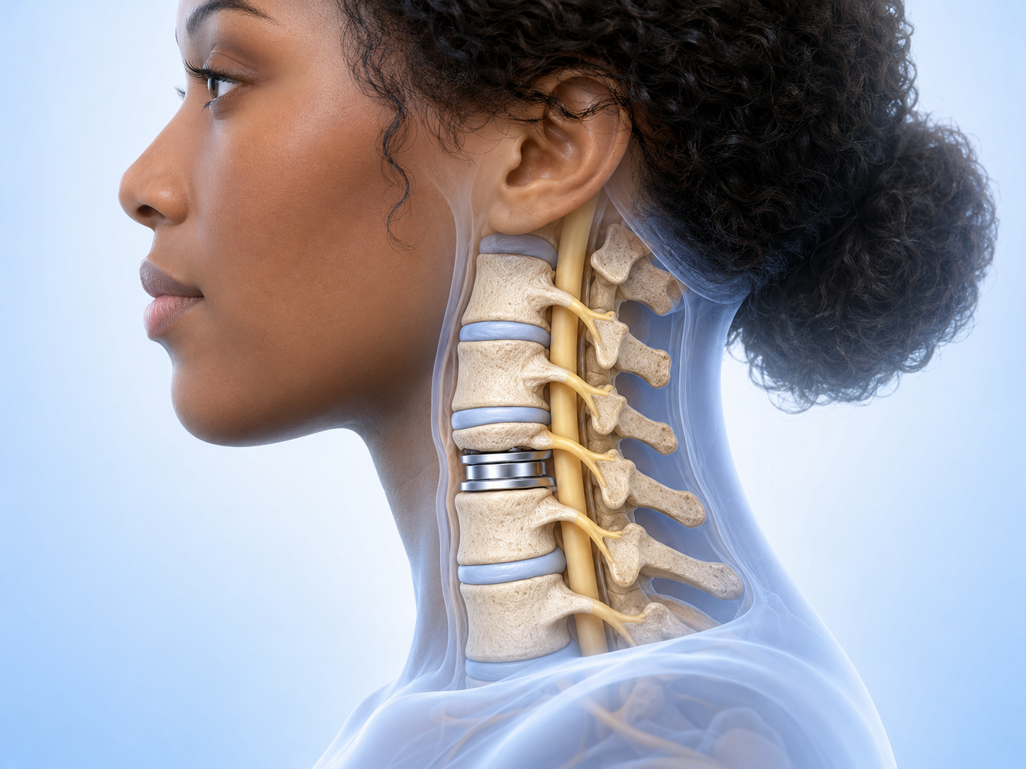 Medical illustration showing an artificial cervical disc implant placed between neck vertebrae to preserve motion and relieve nerve compression.