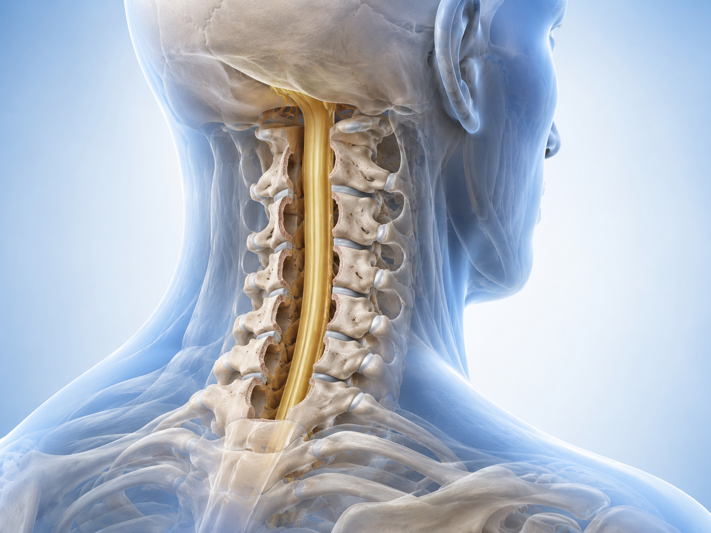 Medical illustration showing cervical laminectomy with posterior decompression of the cervical spine and a widened spinal canal around the spinal cord.