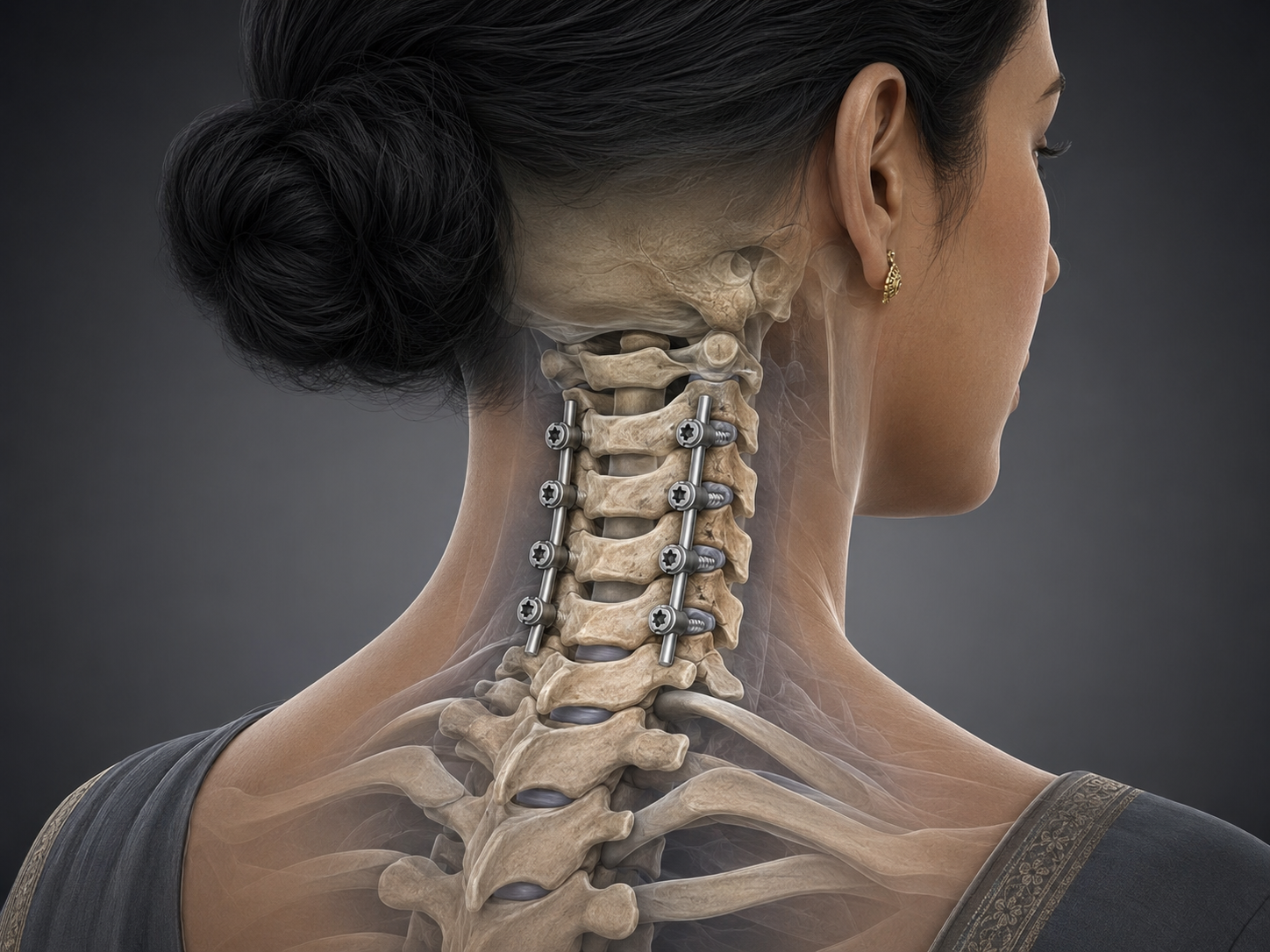 Medical illustration showing cervical posterior fusion with posterior screws and rods stabilizing the cervical spine.