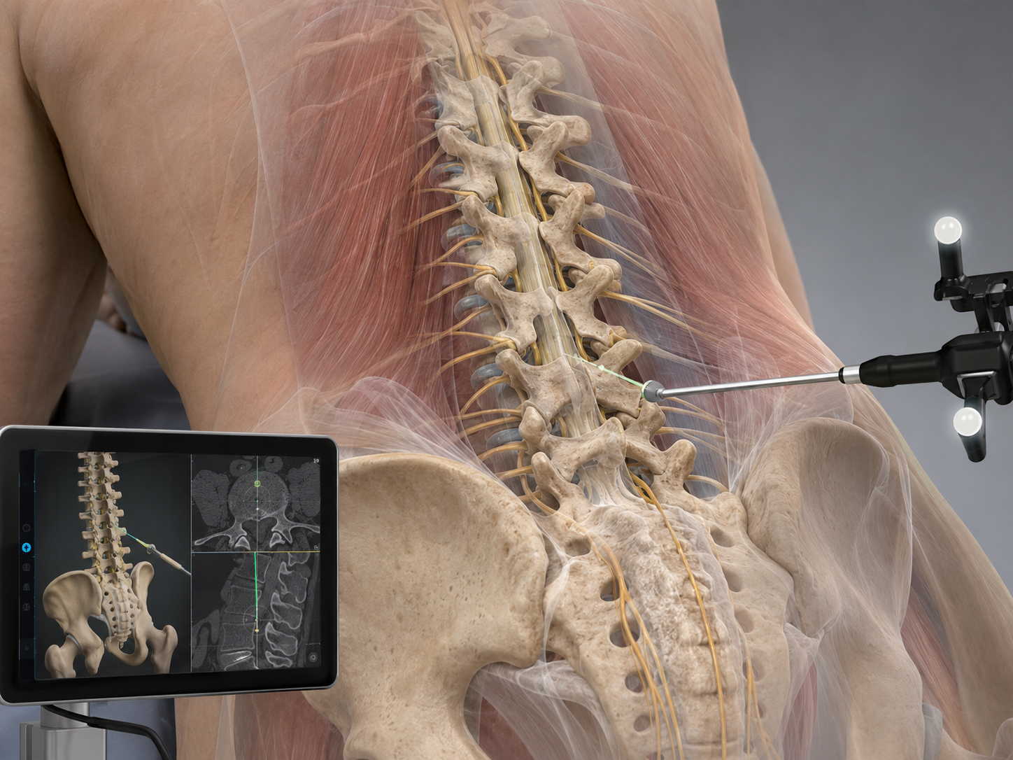 Medical illustration showing computer-assisted navigation guiding a tracked instrument toward the lumbar spine with 3D imaging and cross-sectional guidance views.