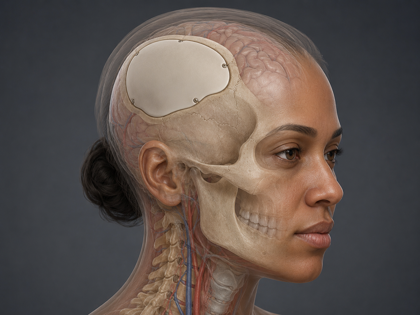 Medical illustration showing cranioplasty with a cranial implant reconstructing a skull defect in an ideal postoperative result.