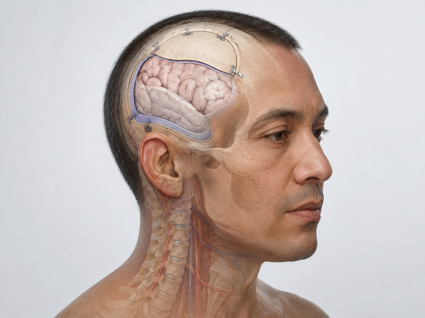 Medical illustration showing craniotomy for brain tumor resection with a skull opening, exposed brain anatomy, and cranial fixation plates in an ideal postoperative result.