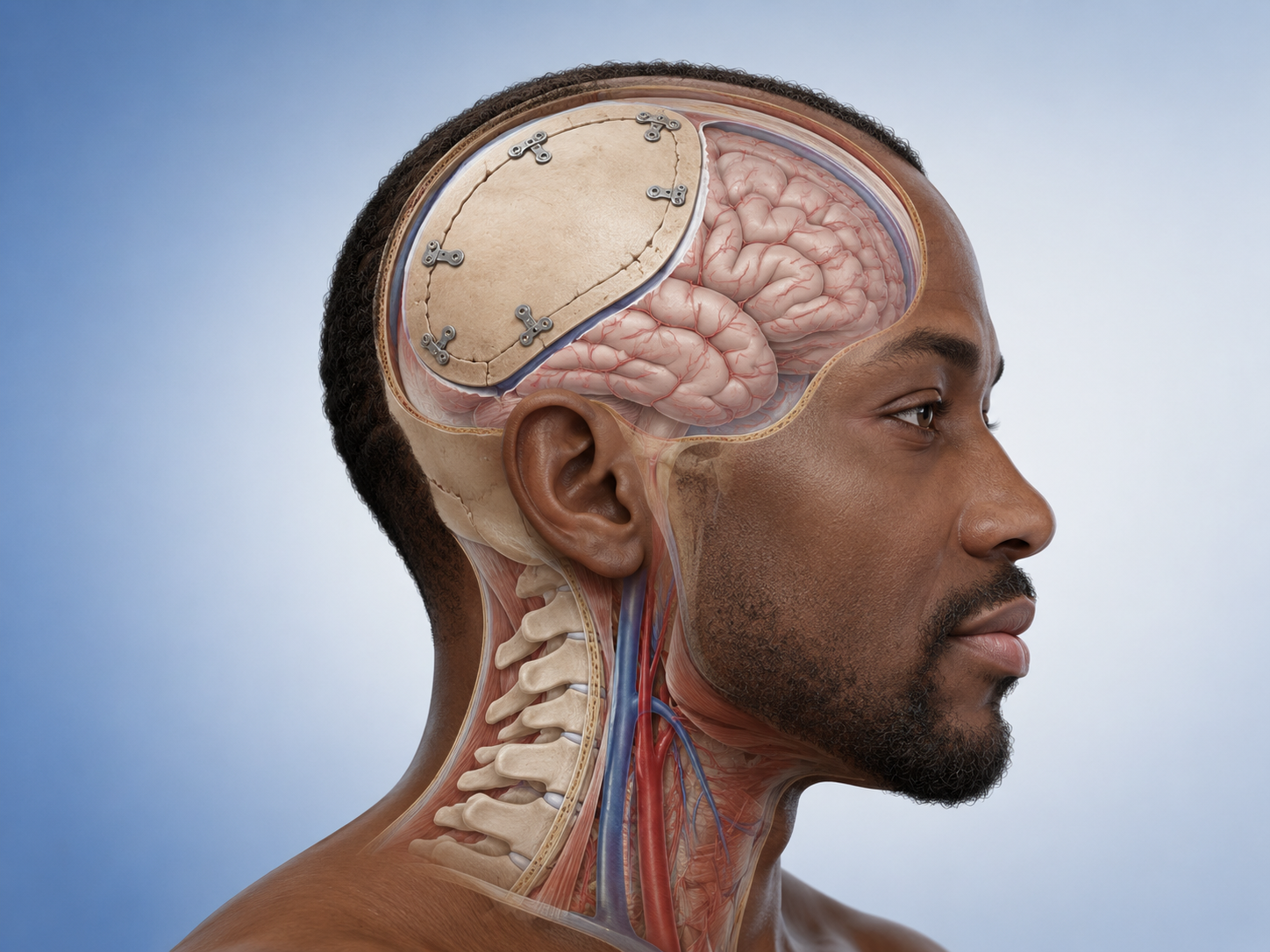 Medical illustration showing craniotomy for hematoma evacuation with a secured cranial bone flap and decompressed brain after blood clot removal.