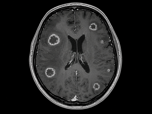 MRI-style image showing metastatic brain tumors and neurosurgical treatment planning