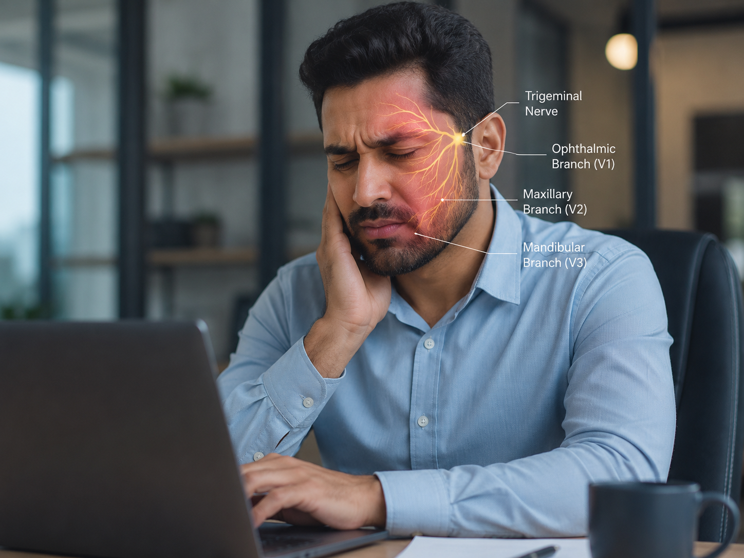 Medical image showing occipital neuralgia, occipital nerve pain pathways, and treatment planning