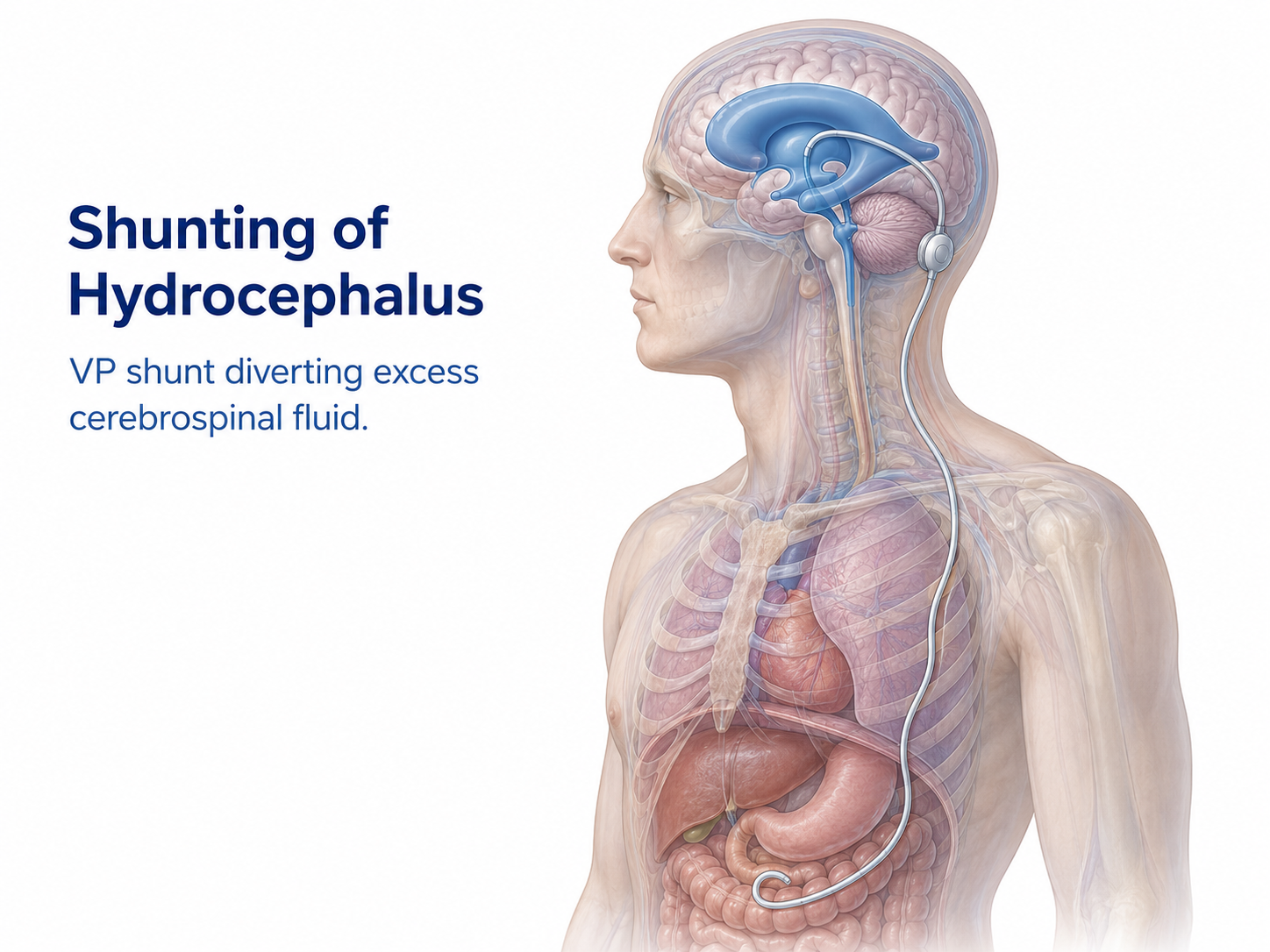 Medical illustration showing a VP shunt diverting excess cerebrospinal fluid from enlarged brain ventricles to the abdomen