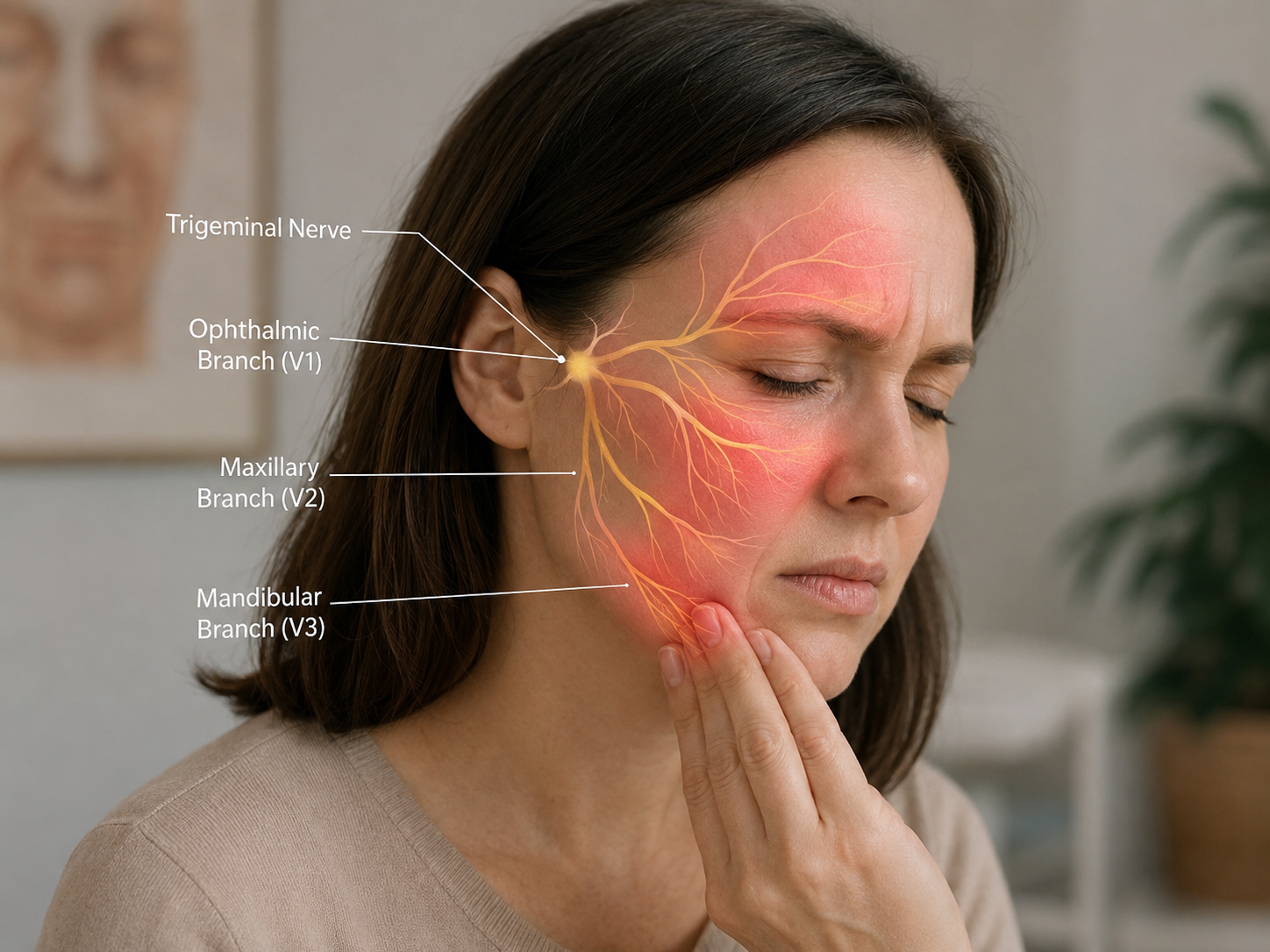 Medical image showing trigeminal neuralgia, trigeminal nerve pain pathways, and treatment planning