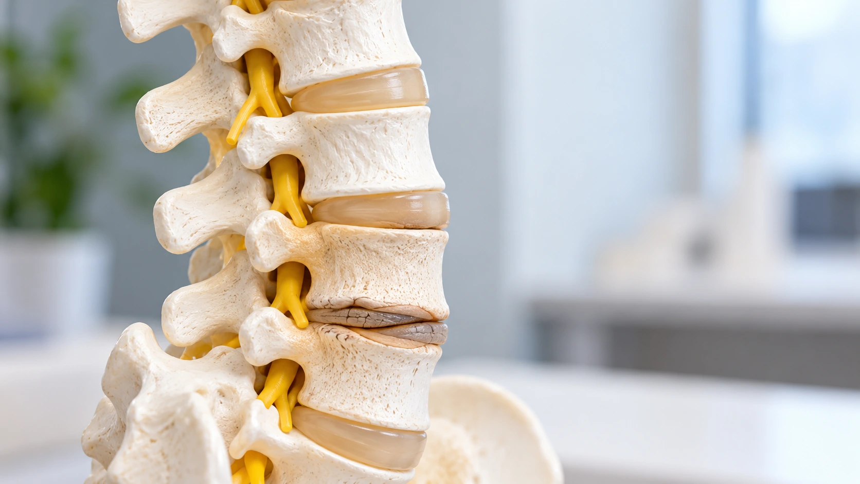 Lumbar spine model showing vertebrae and discs for an article about degenerative disc disease