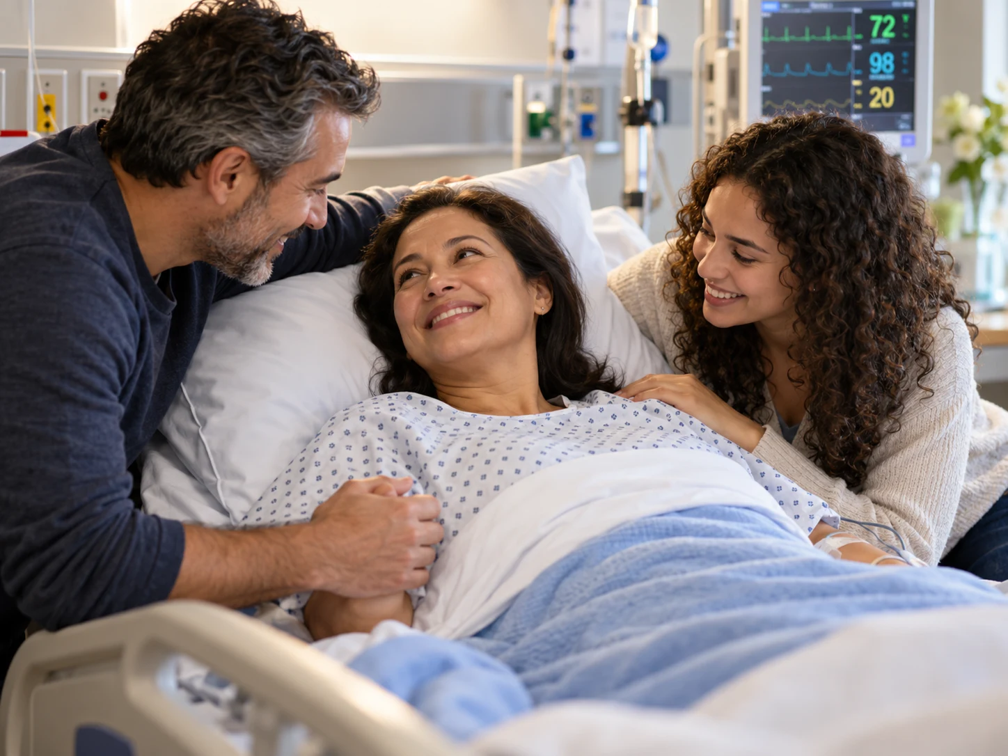 Patient smiling with loved ones at her bedside while recovering in a hospital after surgery.